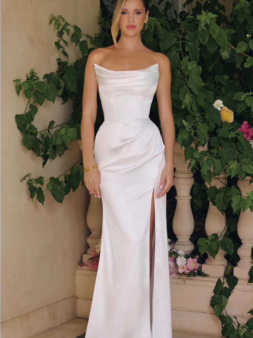 NWOT White Satin Evening Gown with Side Slit